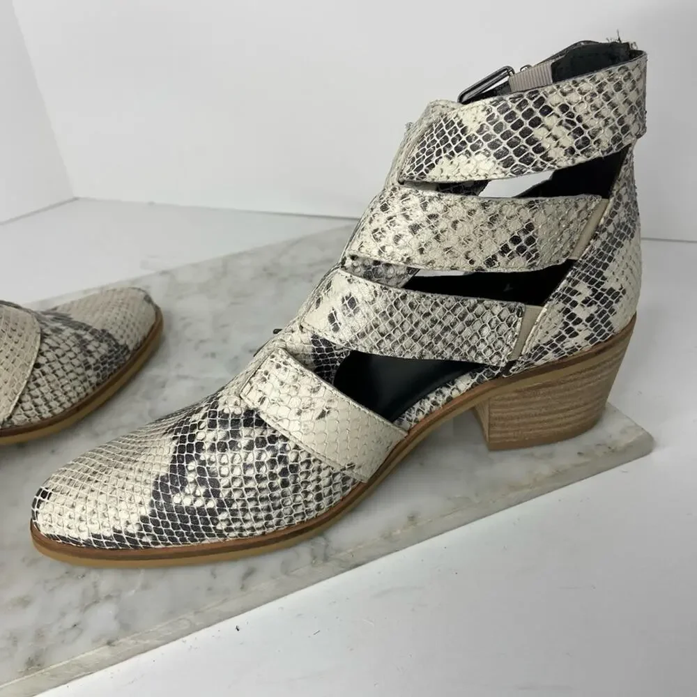 New Crevo Python Snakeskin Ankle Boots Cream Leather Cutout Heeled Bootie 7.5